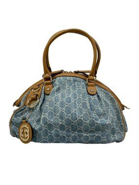 Gucci Handbag GG Pattern Sukey Light Blue Brown Leather